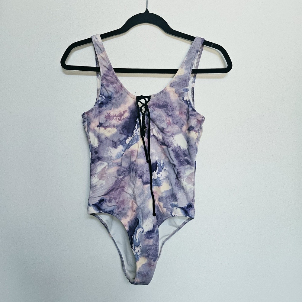 PINK Victorias Secret Swimsuit Small Lace-Up Scoop Back One Piece Purple Tie Dye
